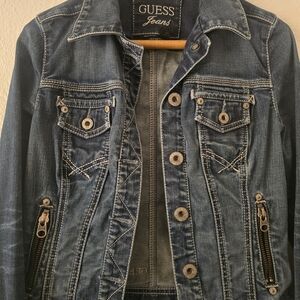 Guess Dark Blue Denim Jacket with Zipper Accents